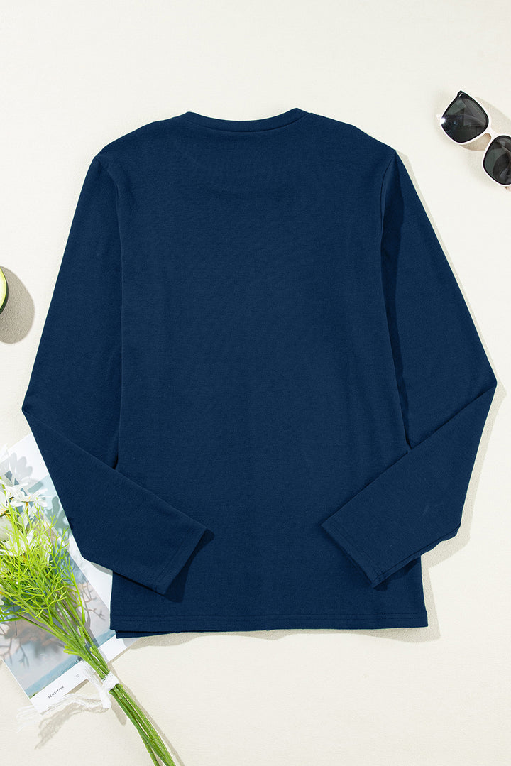 Navy Blue Solid Exposed Seam Crew Neck Long Sleeve Top