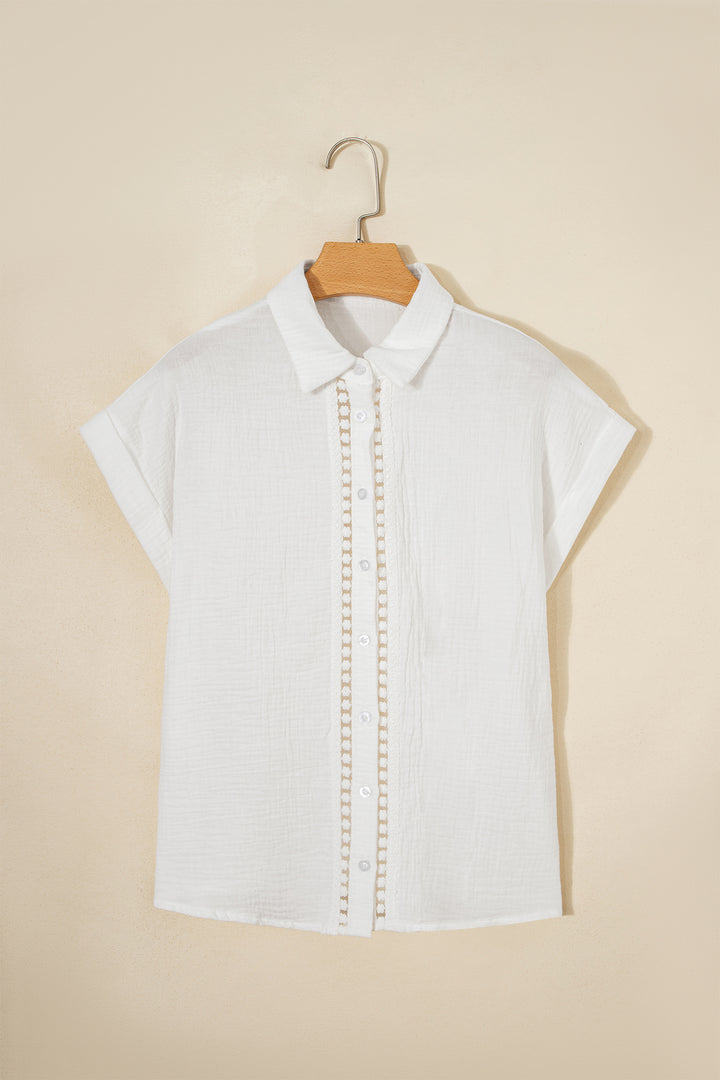 White Lace Trim Cuffed Short Sleeve Textured Shirt