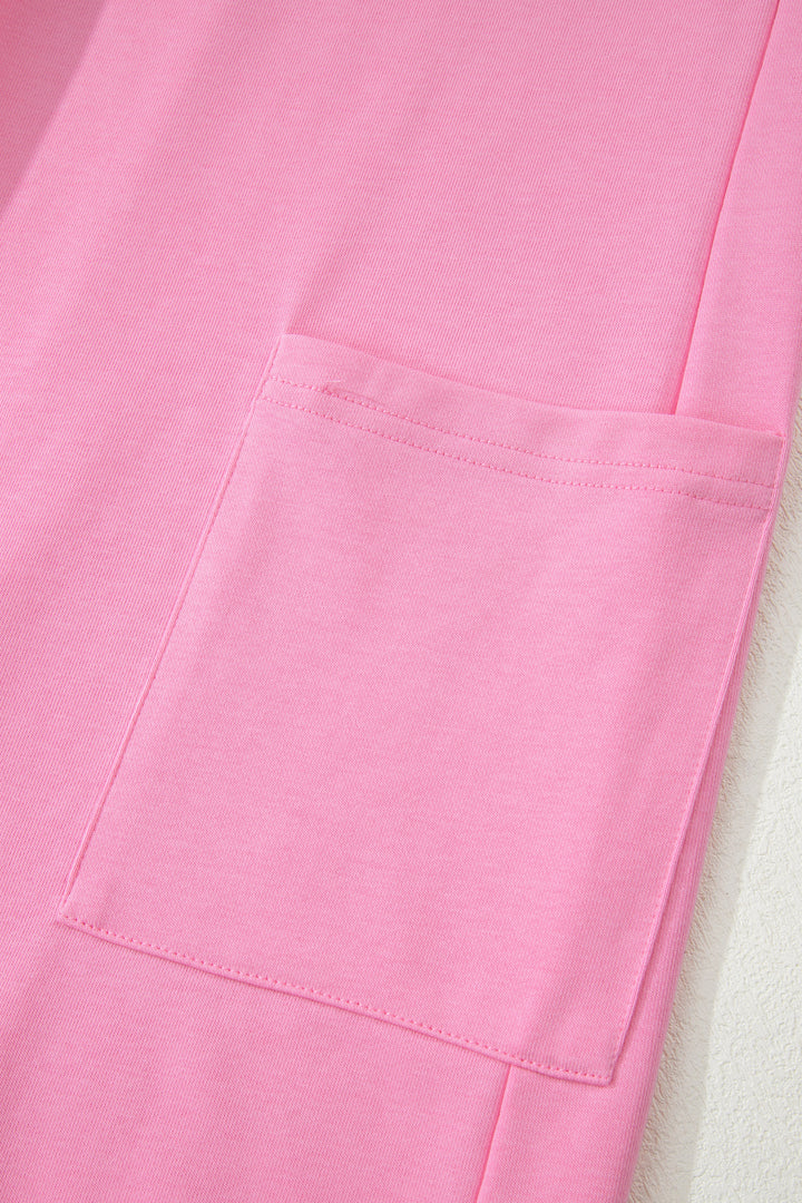 Pink Solid Color Raw Edge Half Sleeve Pocketed Loose Romper