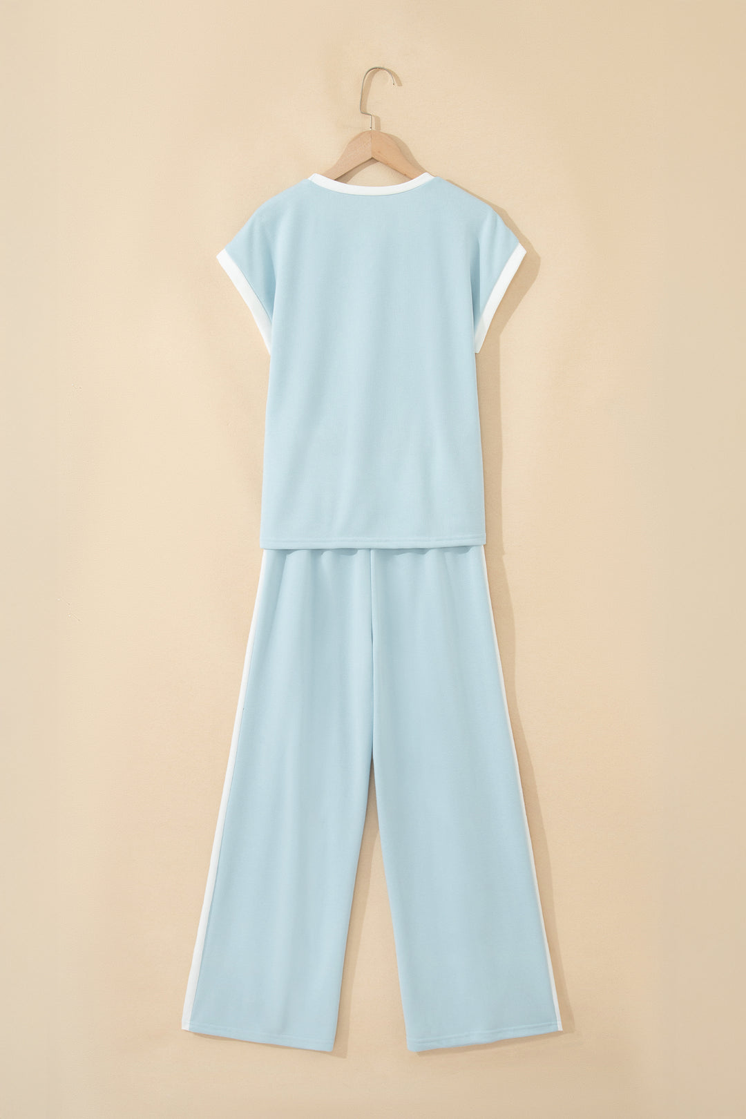 Mist Blue Contrast Trim Round Neck Pocketed Boxy Tank Top Wide Leg Pant Set