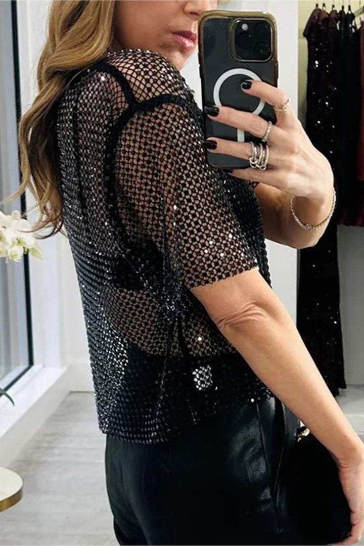Black Rhinestone Mesh Round Neck Raw Hem T Shirt