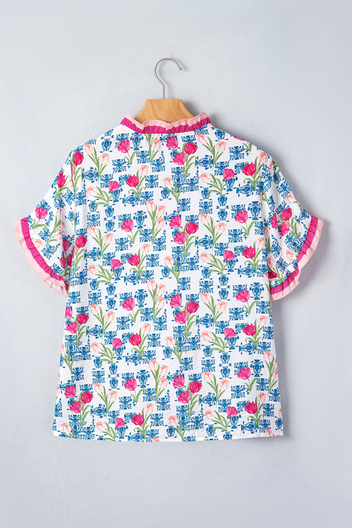Rose Floral Print Ruffle V-Neck Short Sleeve Loose Tunic Shirt