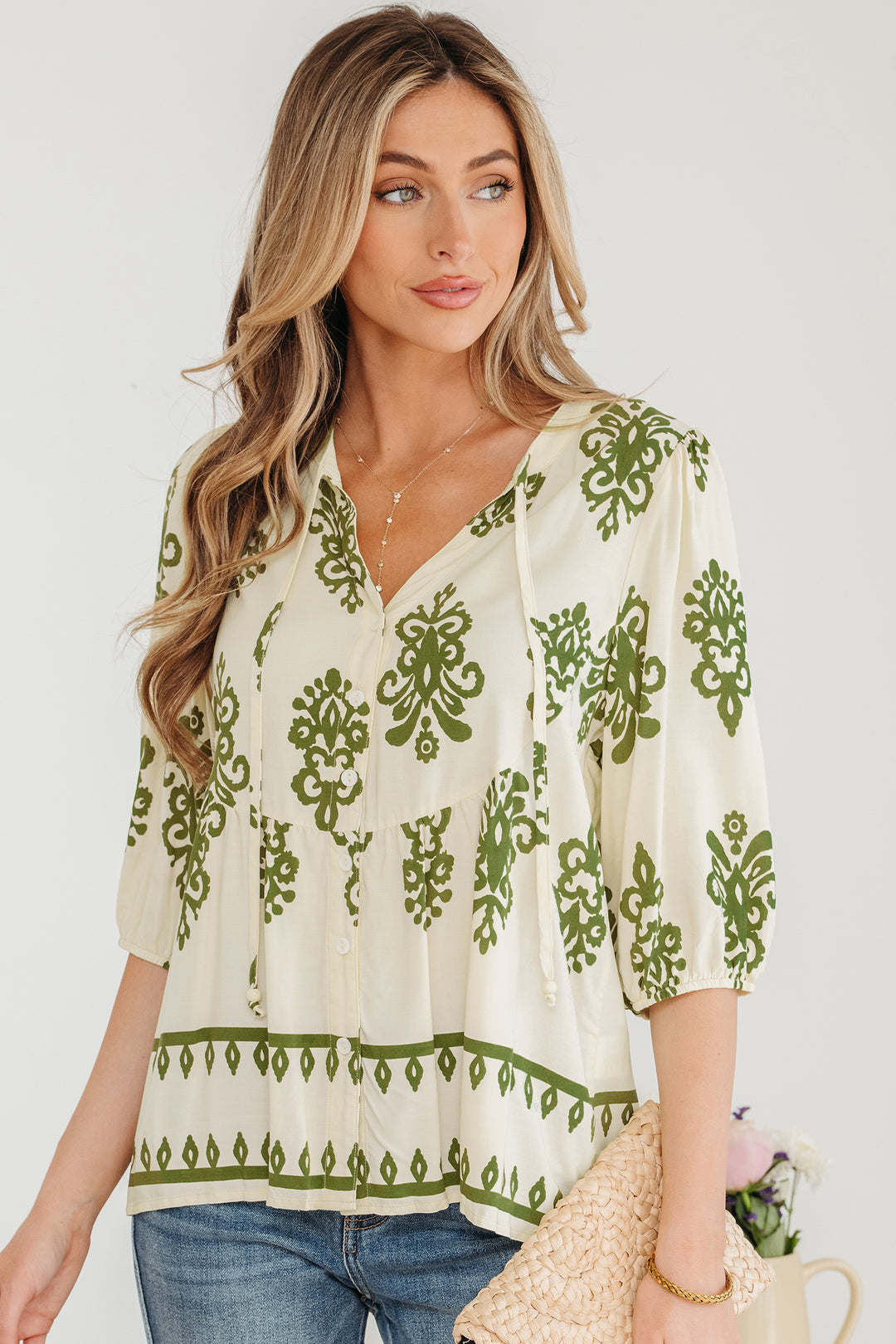 Floral Print Tie V Neck Button Down Puffy Half Sleeve Shirt