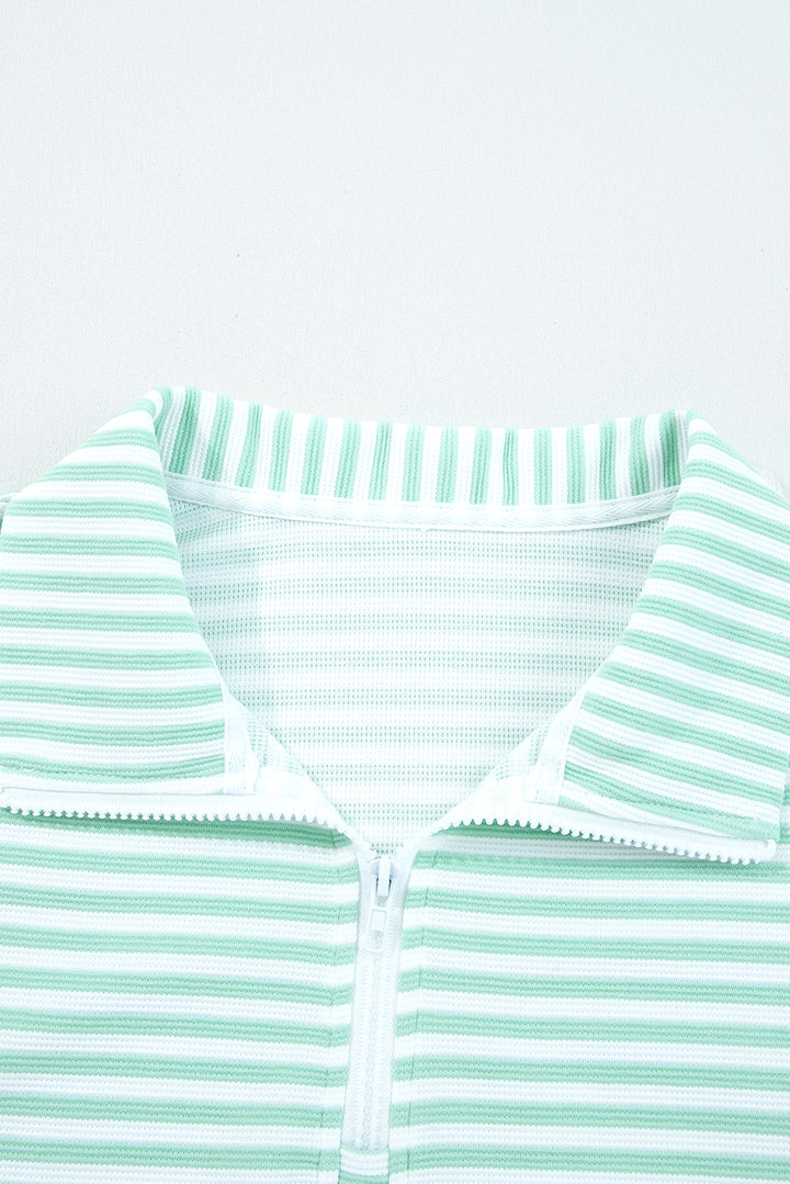 Green Stripe Quarter Zip Collar Pullover Long Sleeve Top