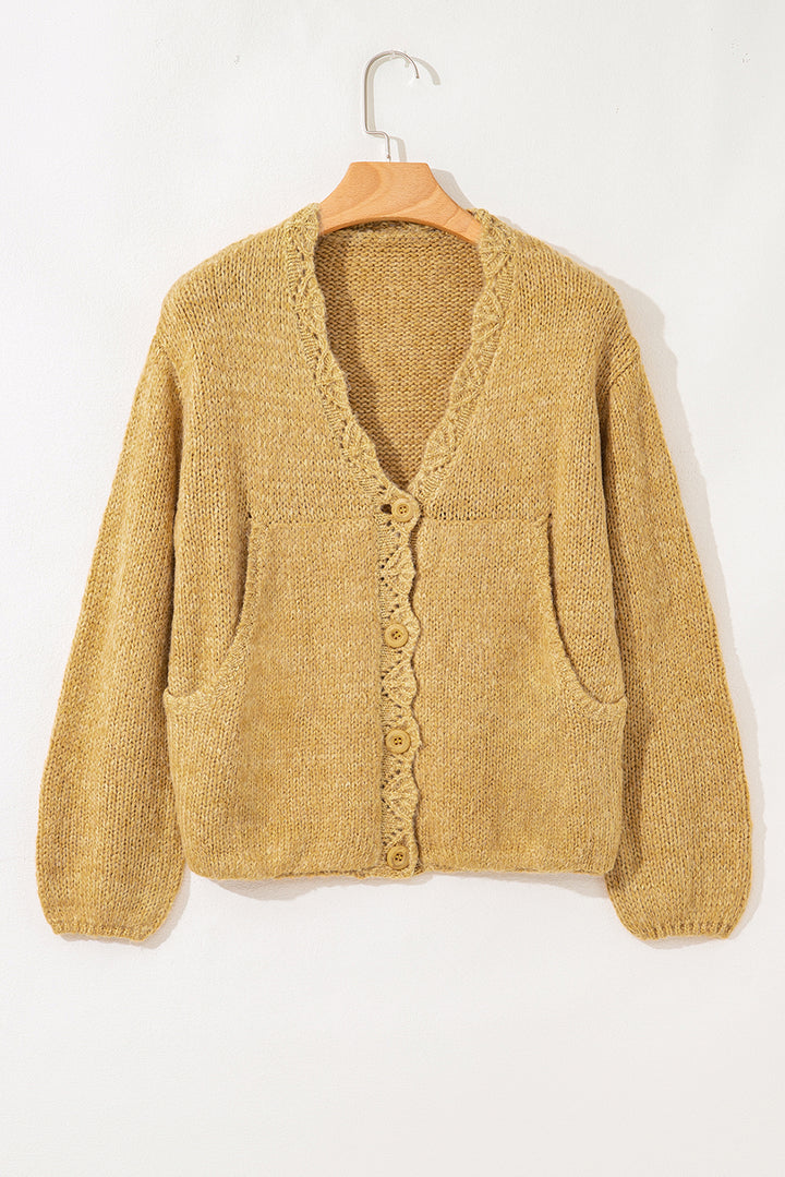 Lantern Sleeve Scallop V Neck Buttoned Front Cardigan