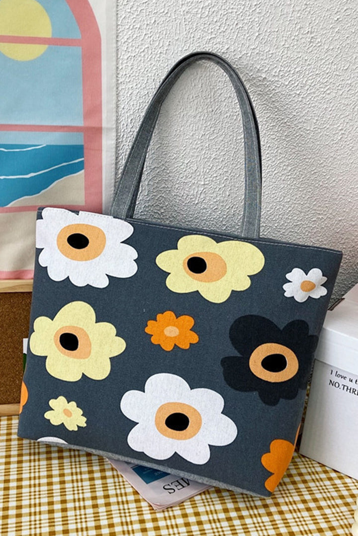 Flower Print Canvas Zipper Large Tote Bag
