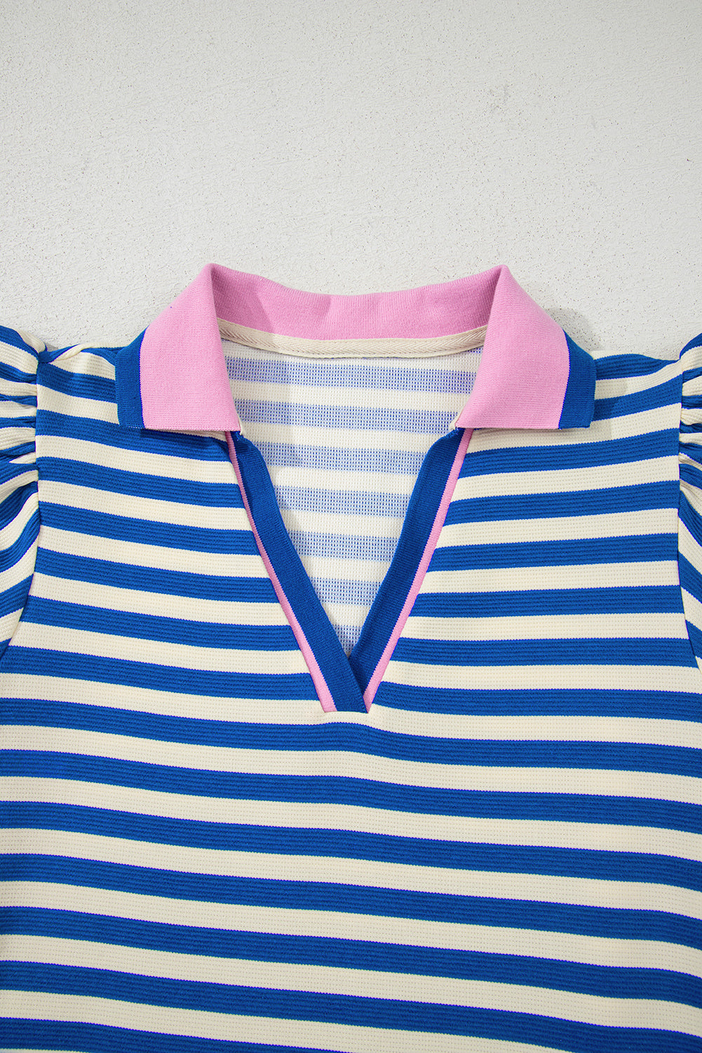 Dark Blue Stripe Print Contrast Collar Split Neck Flutter Sleeve Short Dress