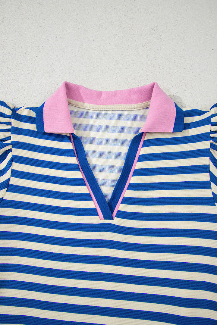 Dark Blue Stripe Print Contrast Collar Split Neck Flutter Sleeve Short Dress