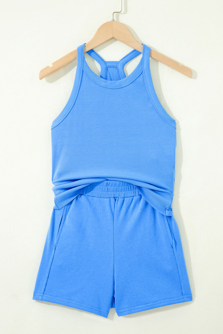 Sky Blue Slim Tank Top Elastic High Waist Shorts 2pcs Outfit
