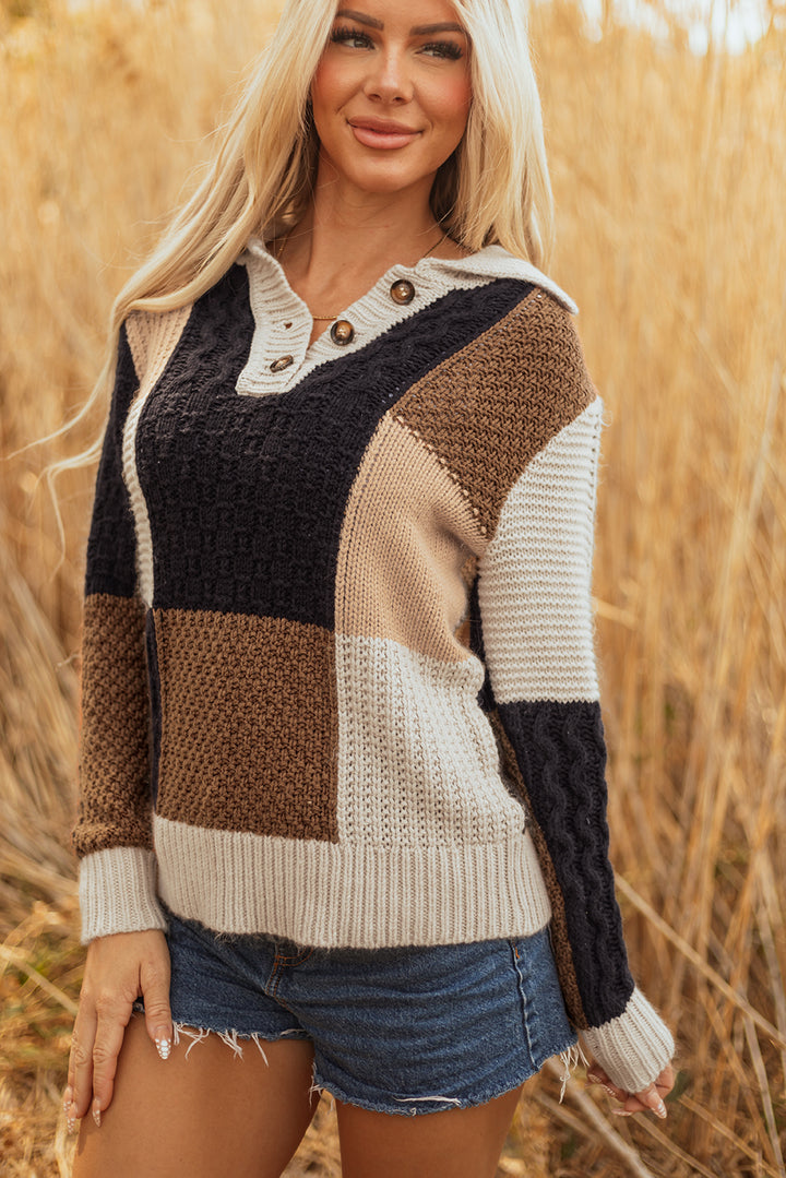 Color Block Cable Knit Sleeve Buttons Collared Sweater