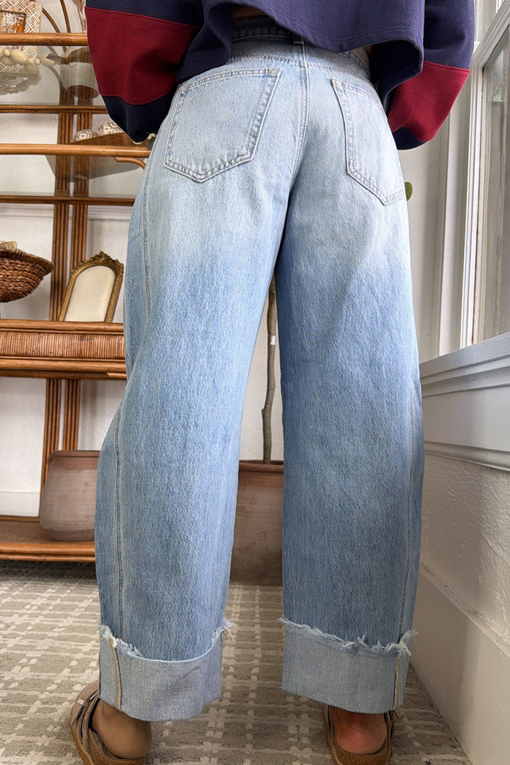Myosotis Raw Hem Turnup Loose Ankle-length Jeans