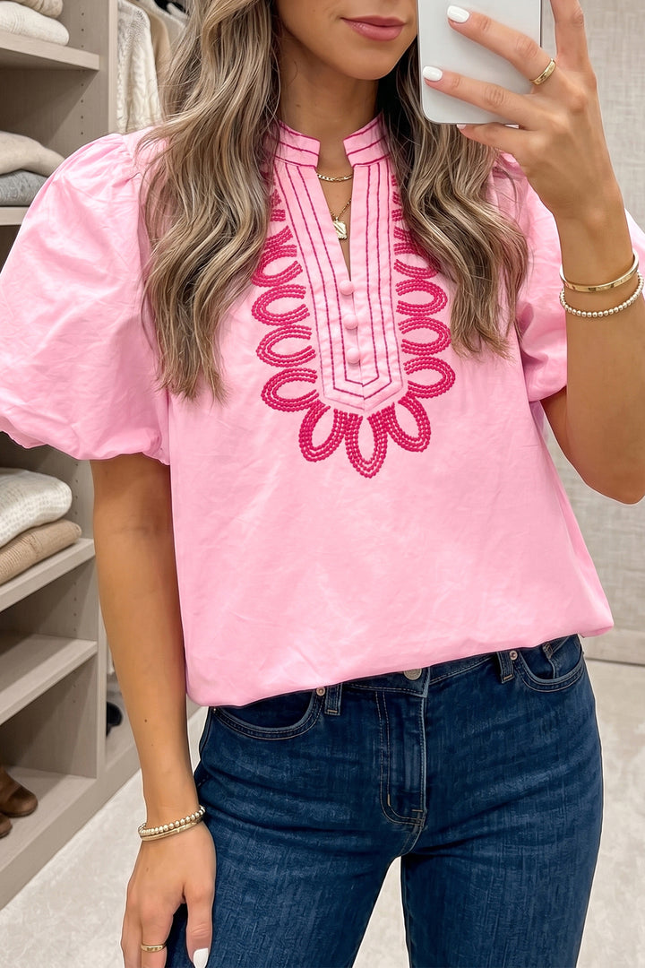 Cute Pink Boho Embroidered Detail Puff Sleeve Cotton Blouse