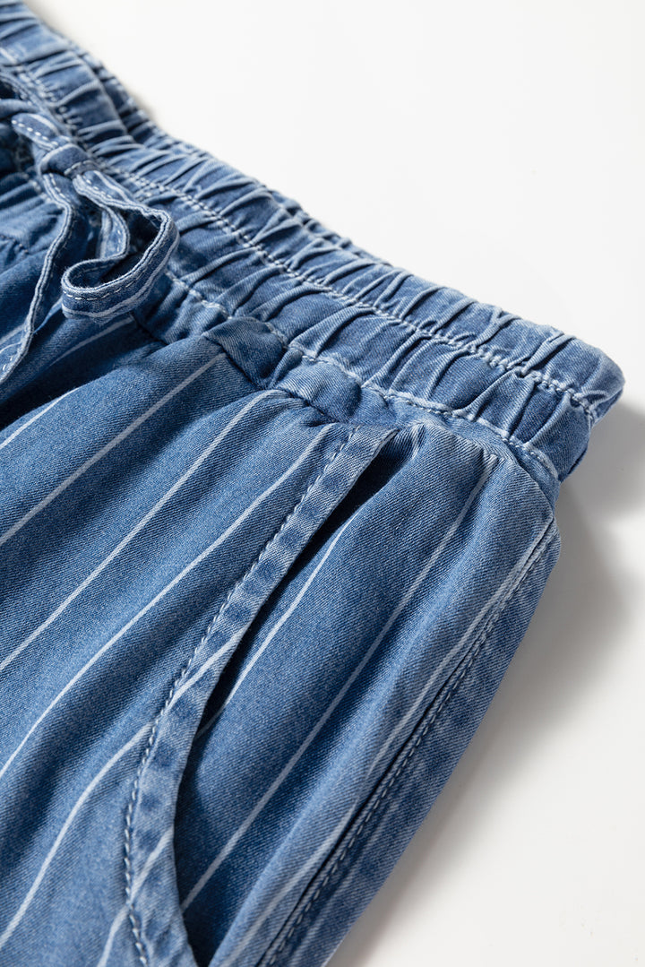 Blue Stripe Chambray Wide Leg Tied Elastic Waist Trousers