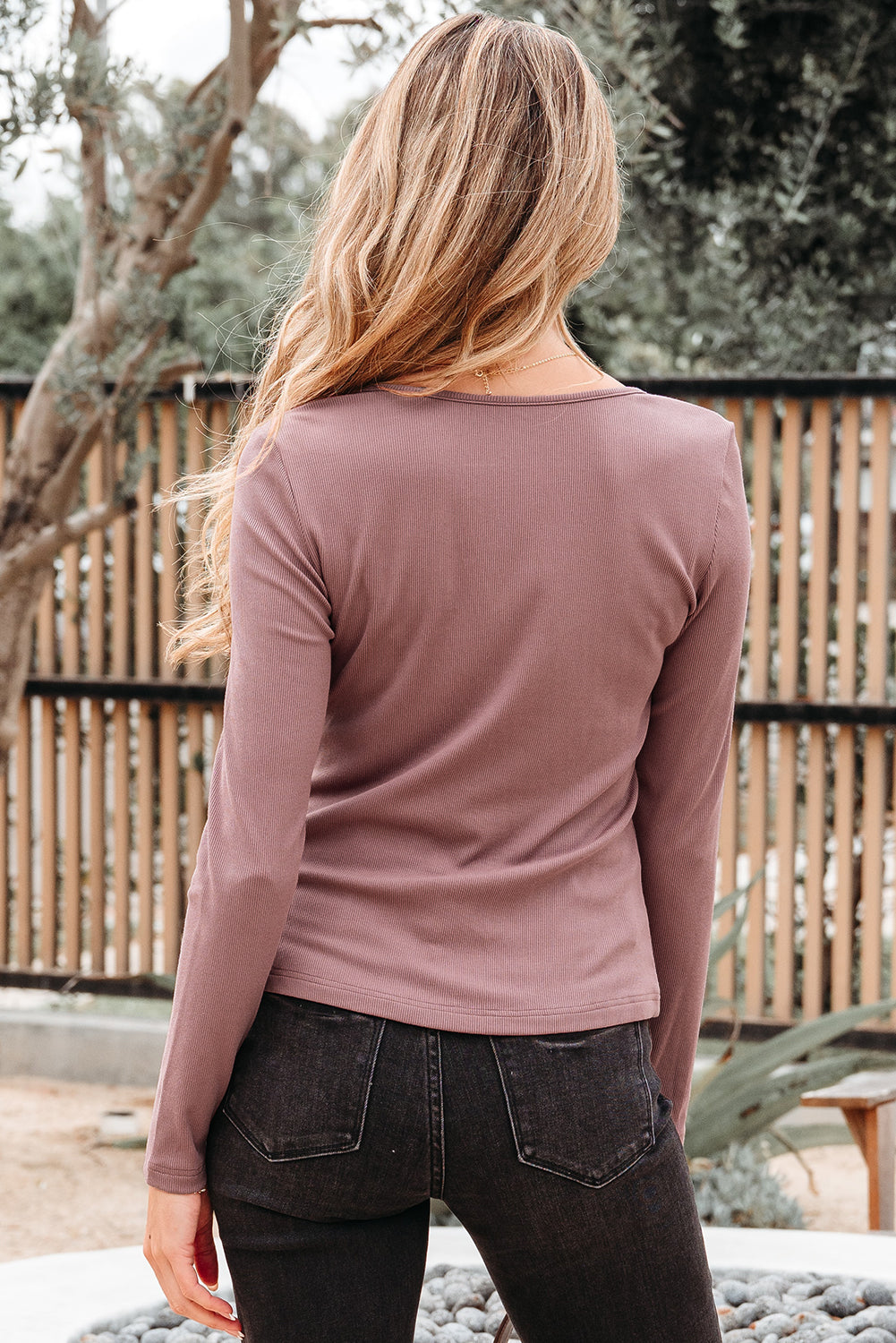 Gathered Bust Square Neck Ribbed Fit Long Sleeve Top