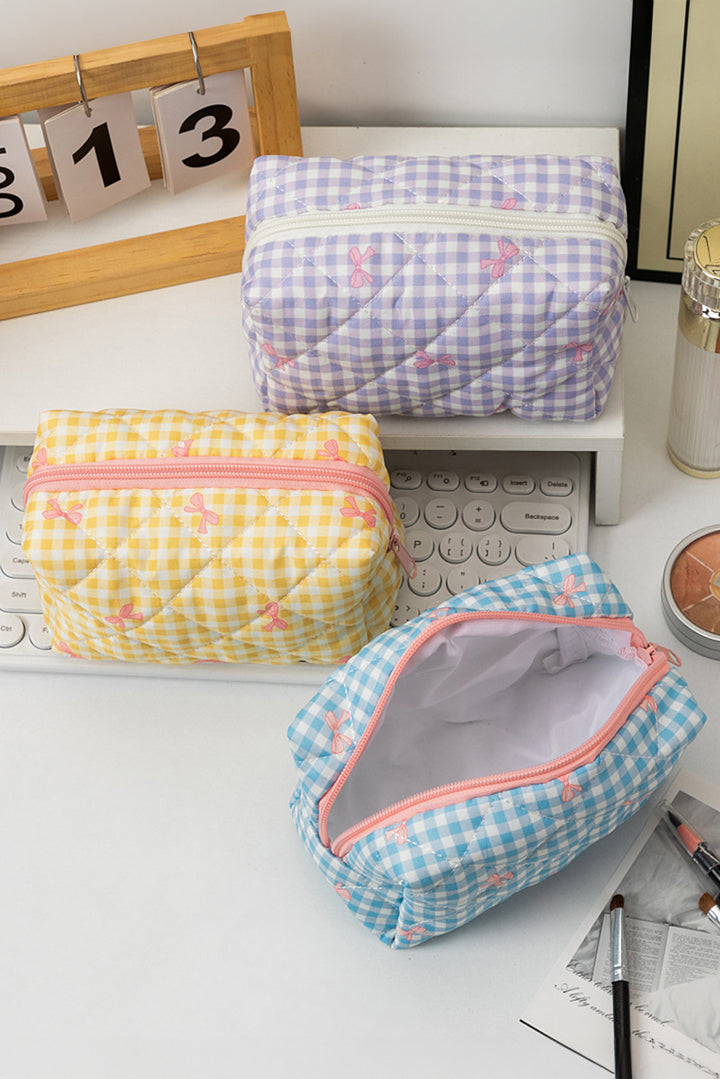 Sweet Bow Knot Print Quilted Zipper Cosmetic Bag