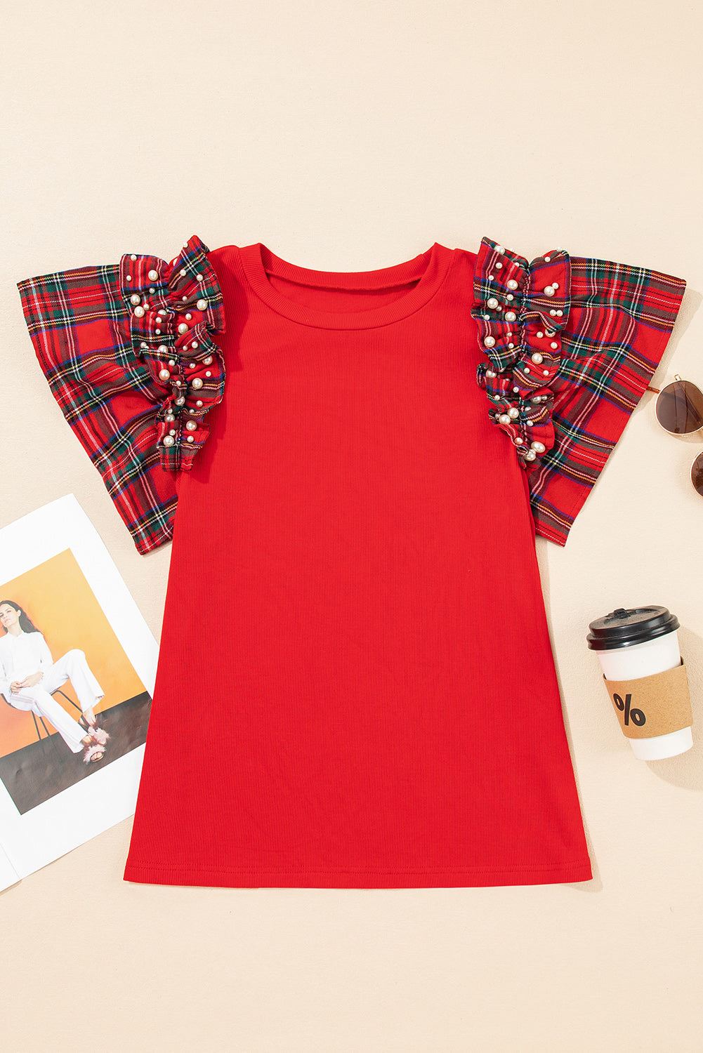 Plaid Pearl Ruffle Short Sleeve Loose T Shirt
