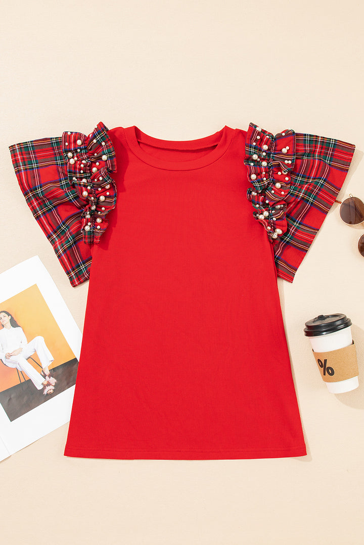 Plaid Pearl Ruffle Short Sleeve Loose T Shirt