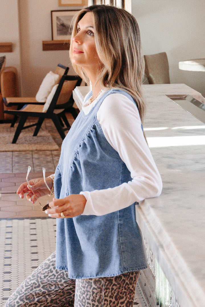 Myosotis Denim Pleated Patchwork Sleeveless Top