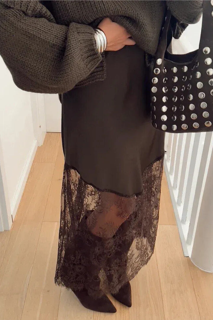 Casual Dark Brown Lace Patchwork Hem Shift Long Skirt