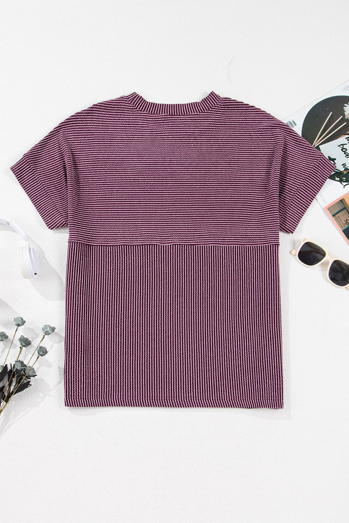 Plain Corded Knit Mock Neck T Shirt