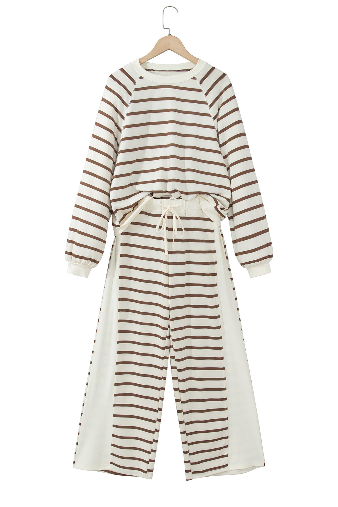 Khaki Stripe Relaxed Long Sleeve Top Color Block Detail Drawstring Pant Set