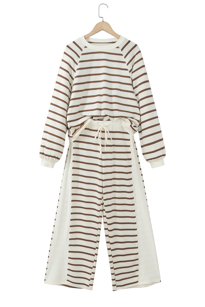Khaki Stripe Relaxed Long Sleeve Top Color Block Detail Drawstring Pant Set