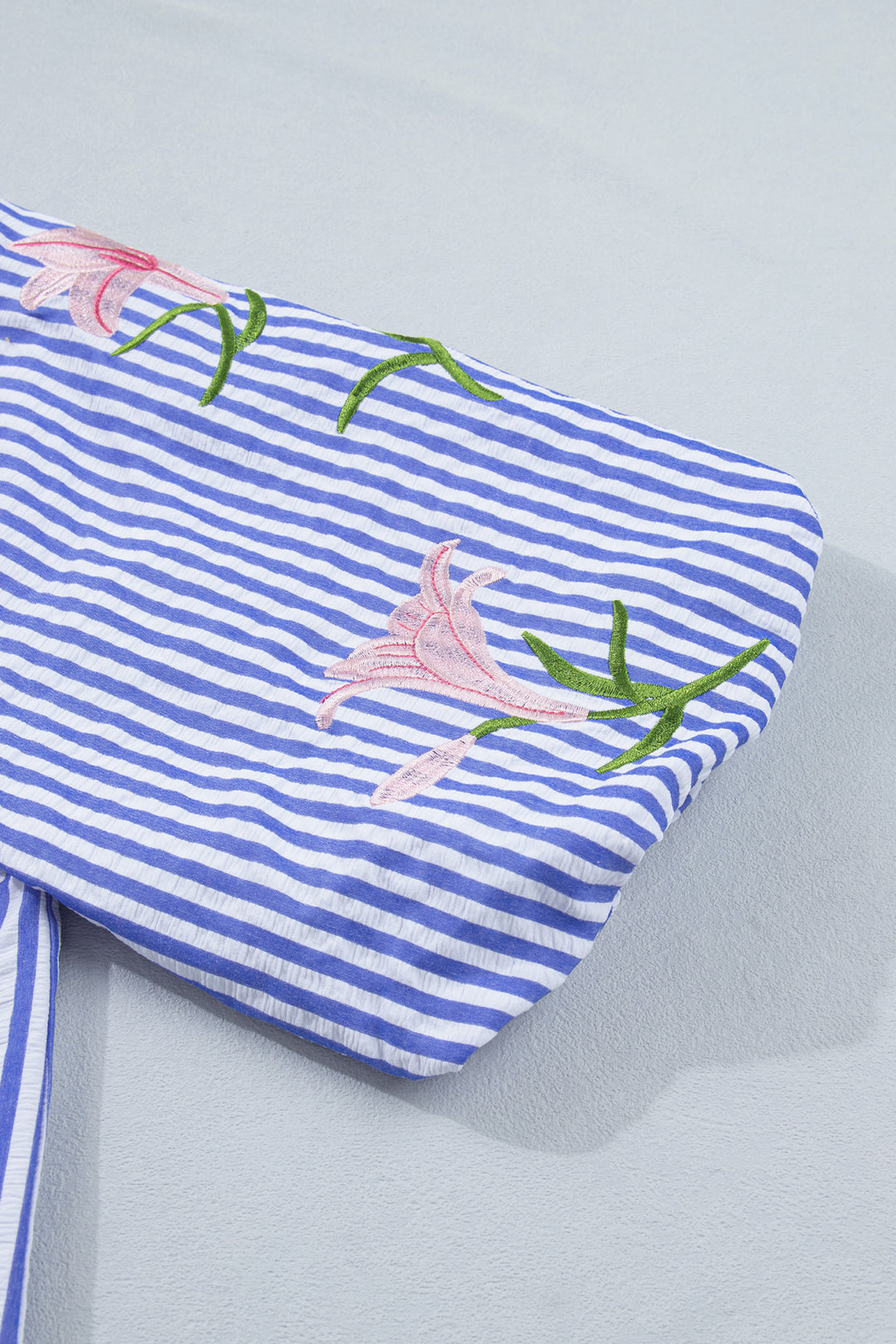 Sky Blue Stripe Lily Floral Embroidered Puff Sleeve Button Down Shirt