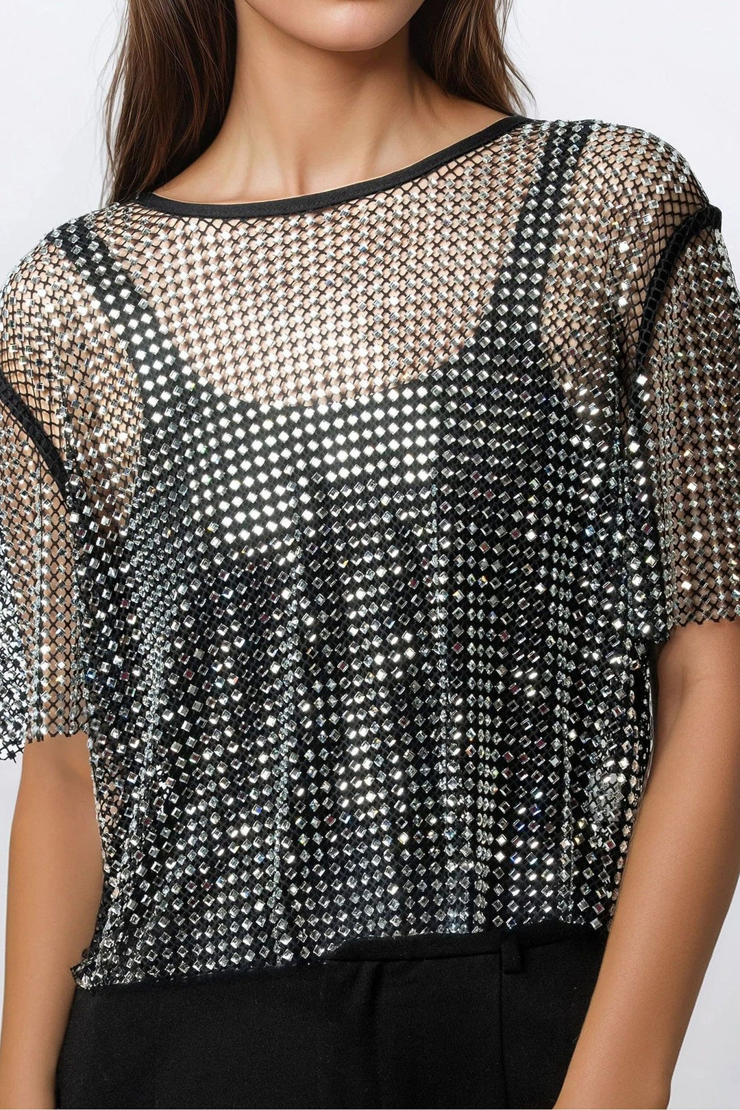 Color black Rhinestone Mesh Round Neck Raw Hem T Shirt