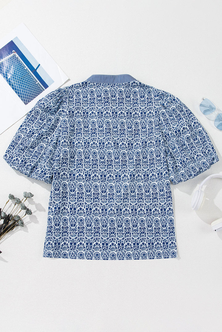 floral striped print contrast ric rac puff sleeve top