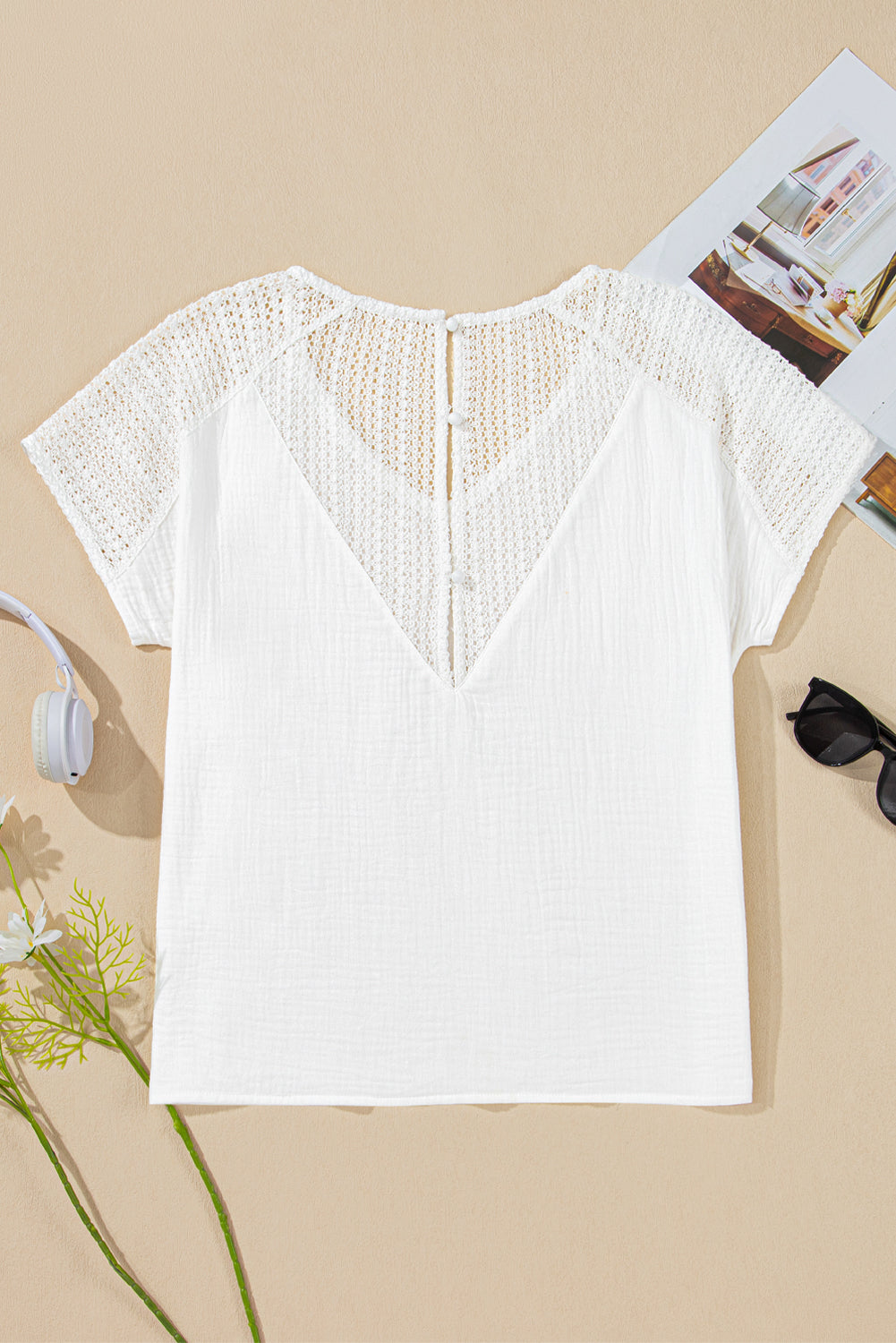 Lace Crochet Textured Button Back V Neck T Shirt