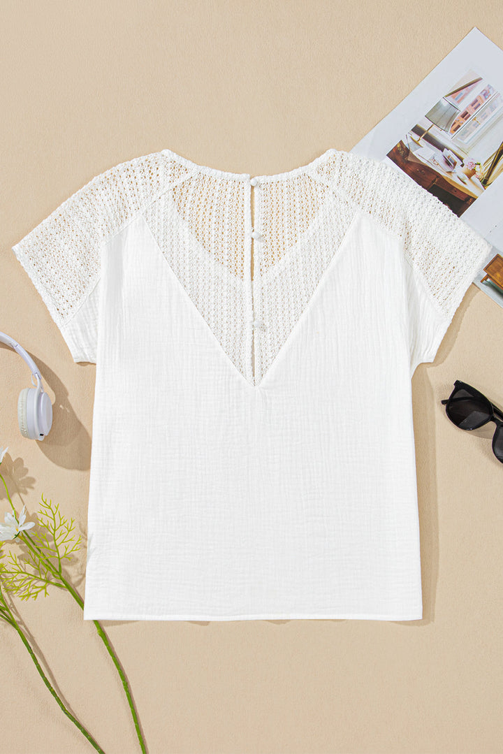 Lace Crochet Textured Button Back V Neck T Shirt