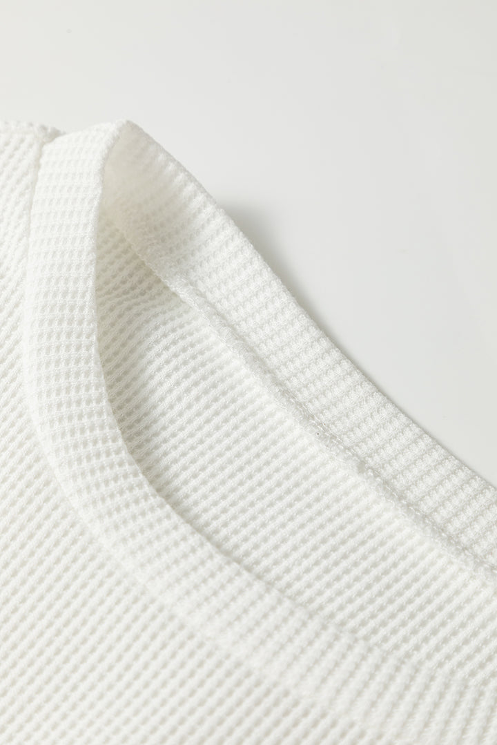 White Rounded Hem Waffle Long Sleeve Top