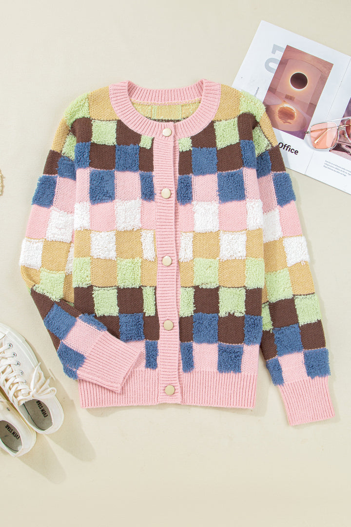 Plush Checkered Pattern Button Front Cardigan Sweater