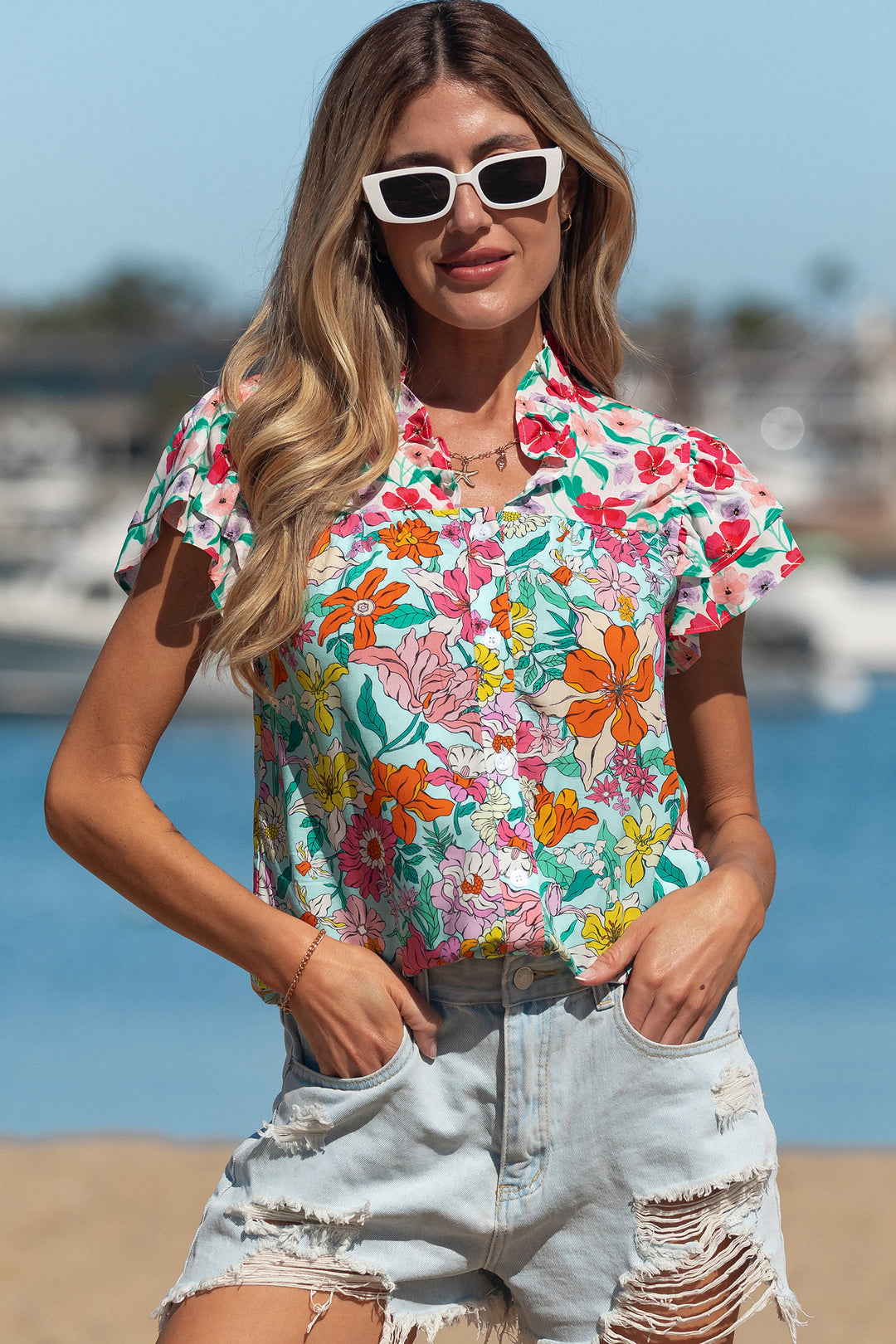 Floral Print Split Neck Button Front Flutter Sleeve Blouse