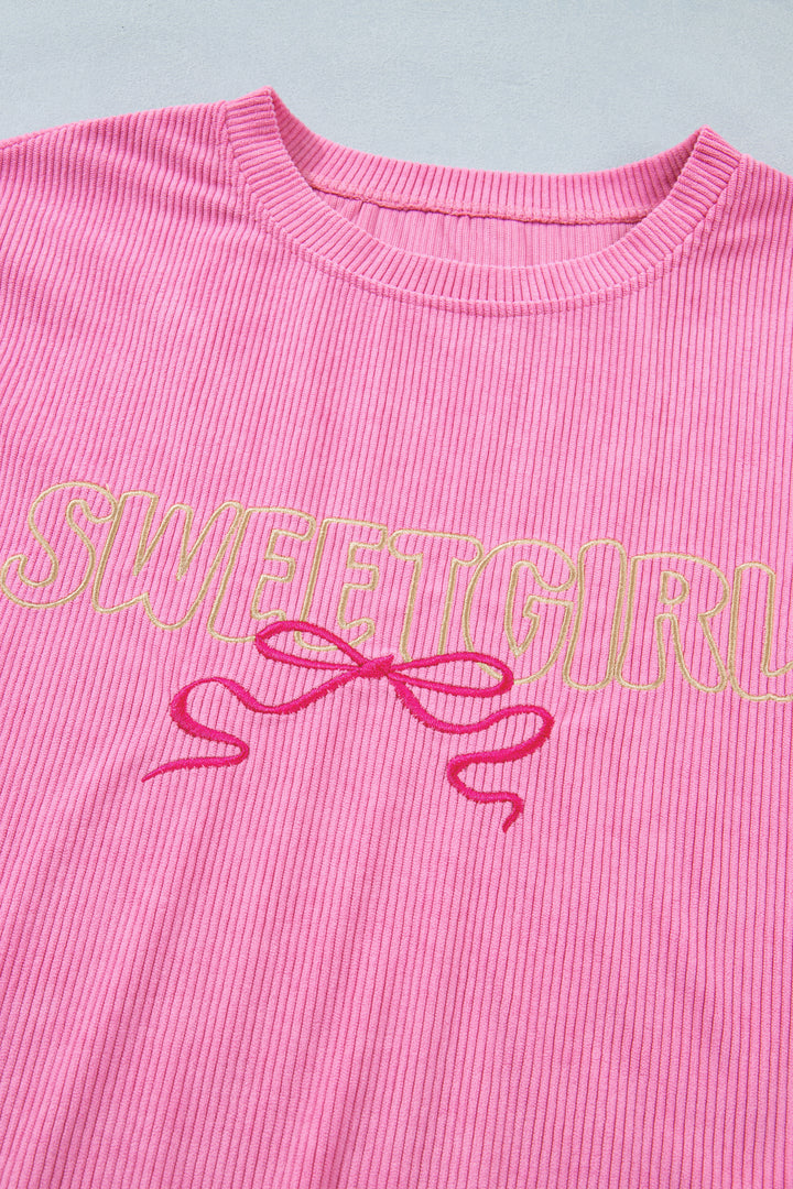 Bonbon Sweet Girl Embroidered Graphic Rib Textured Top