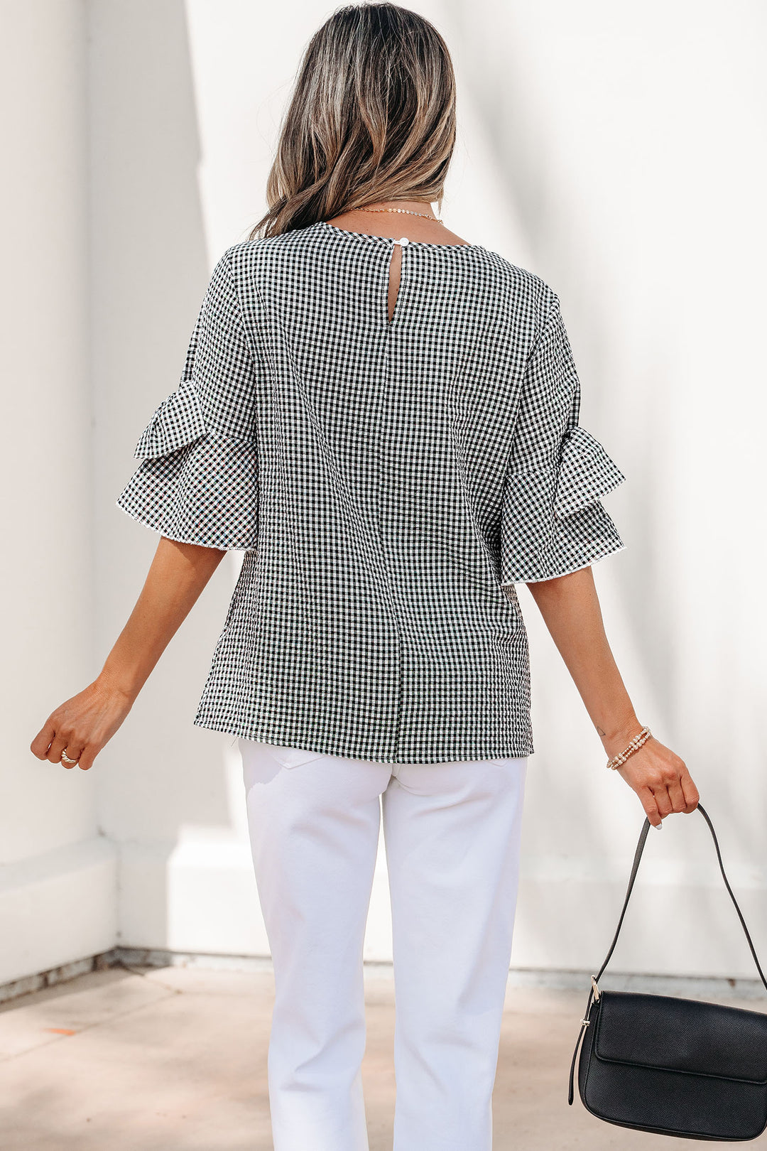 Black Plaid Bow Ruffled Half Sleeve Round Neck Blouse