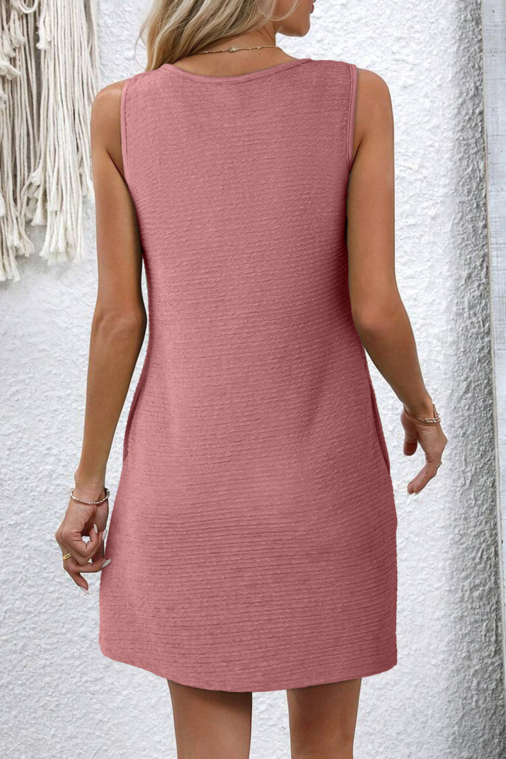 Sepia Rose Solid Color Textured Lace Hollowed Detail Sleeveless Mini Dress