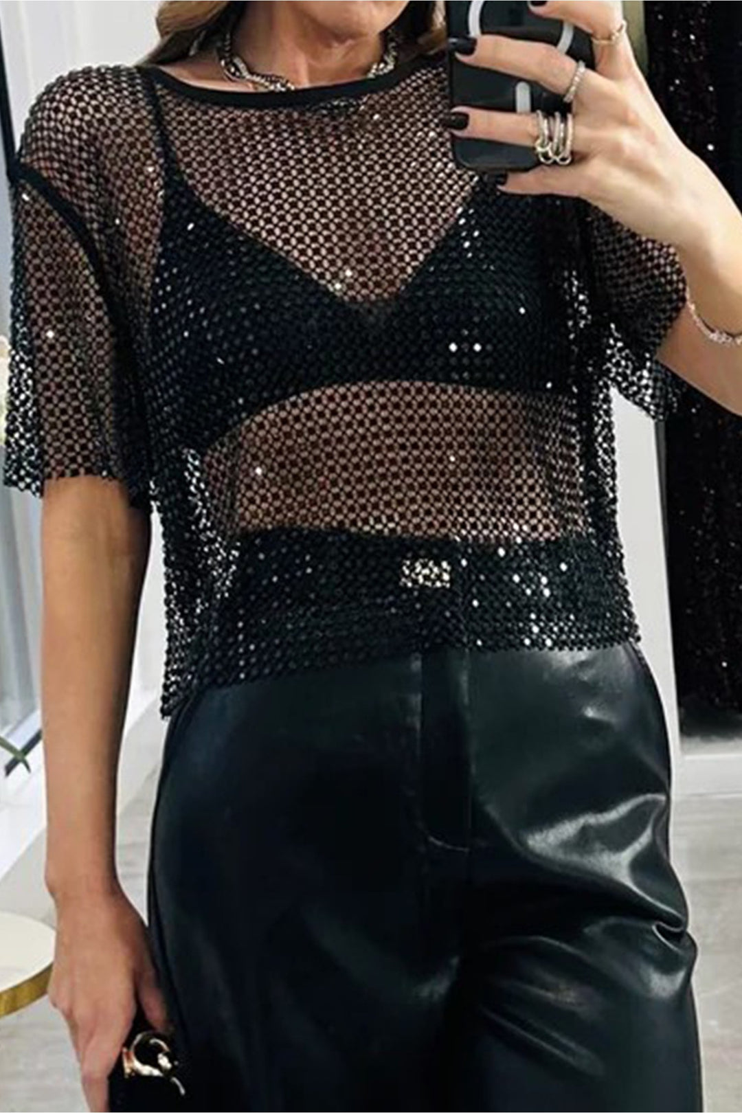 Black Rhinestone Mesh Round Neck Raw Hem T Shirt