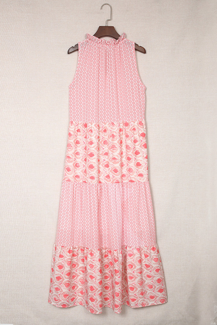 Abstract Print Split Neck Sleeveless Maxi Dress