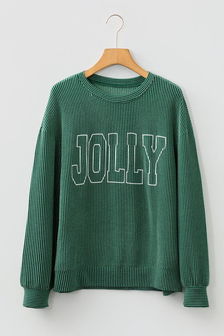 Blackish Green Twisted Rib Outlined Merry Letter Graphic Loose Long Sleeve Top