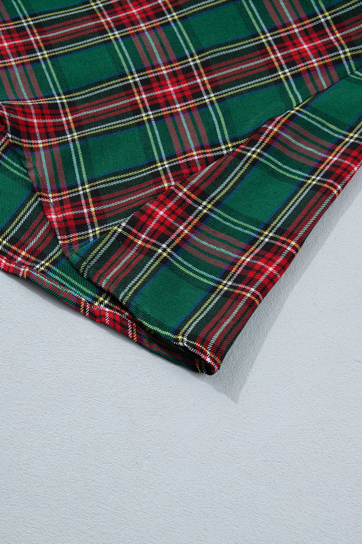 Green Plaid Button Front Short Sleeve Shift Dress