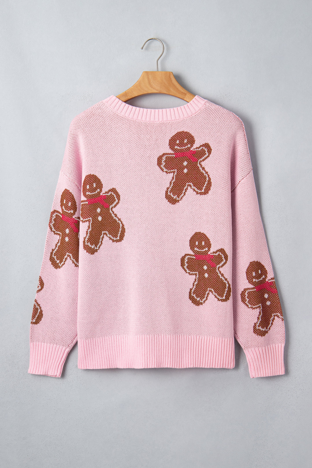Pink Gingerbread Pattern Long Sleeve Shift Sweater
