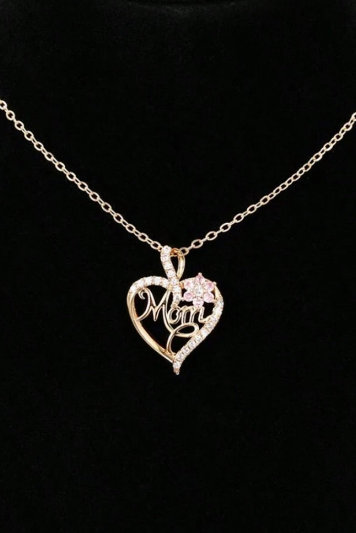 Collier Maman avec Fleur en Strass et Coeur Évidé
