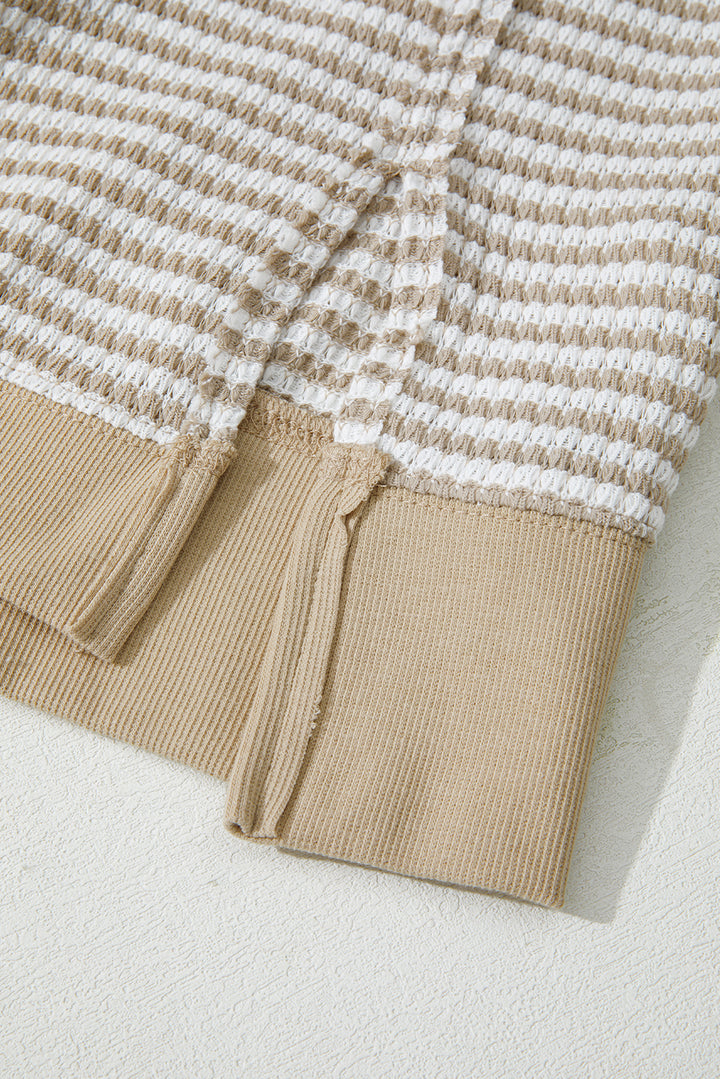 Brown Stripe Breathable Knit Ribbed Trim Plus Size Long Sleeve Top