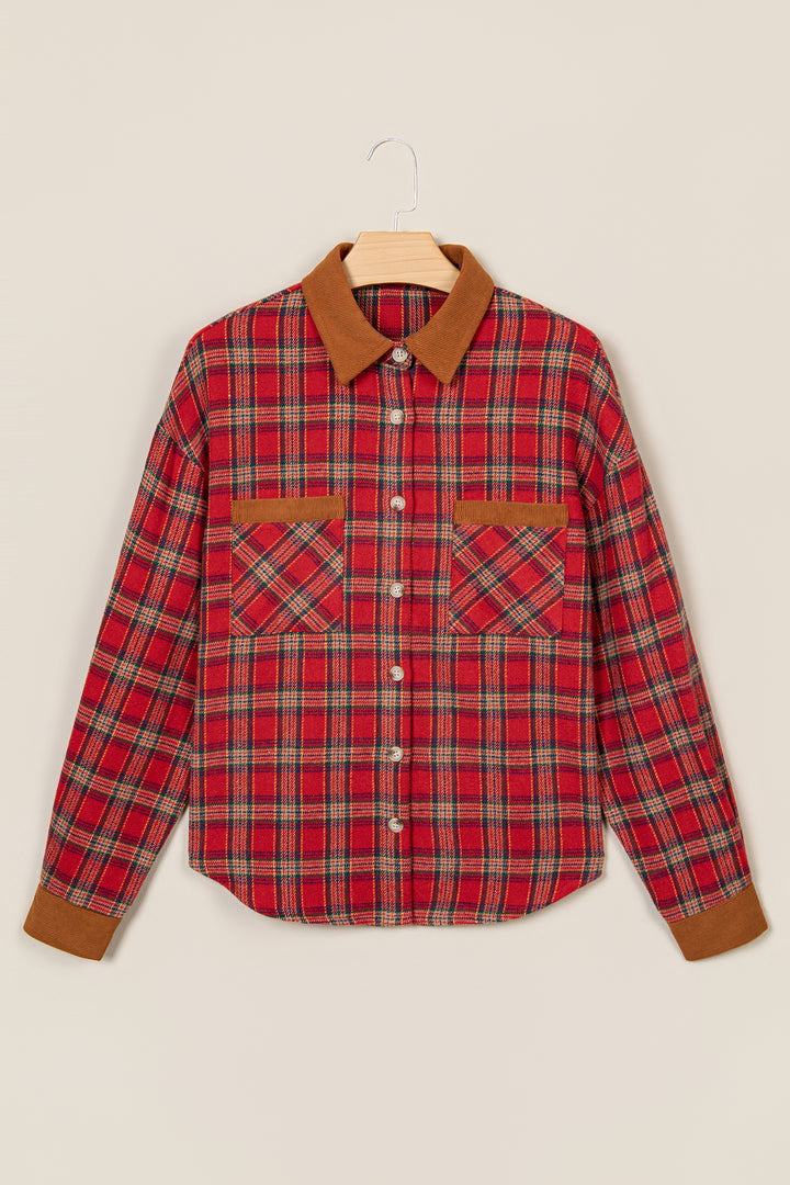 Red Casual Plaid Color Block Collared Button Shacket