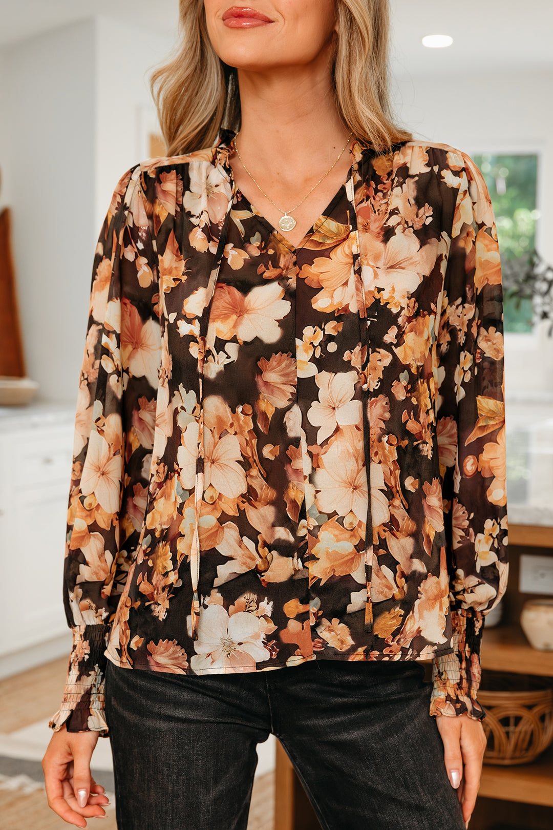 Floral V Neck Long Puff Sleeve Breezy Blouse