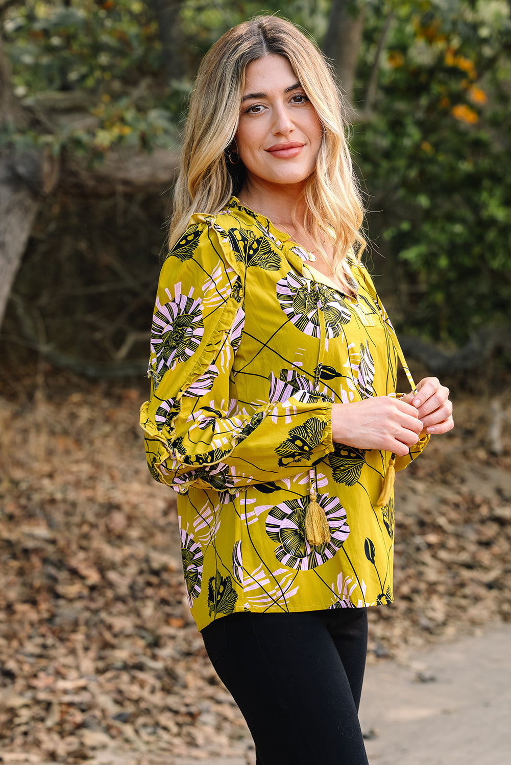 Vintage Floral V Neck Ruffle Trim Long Sleeve Blouse