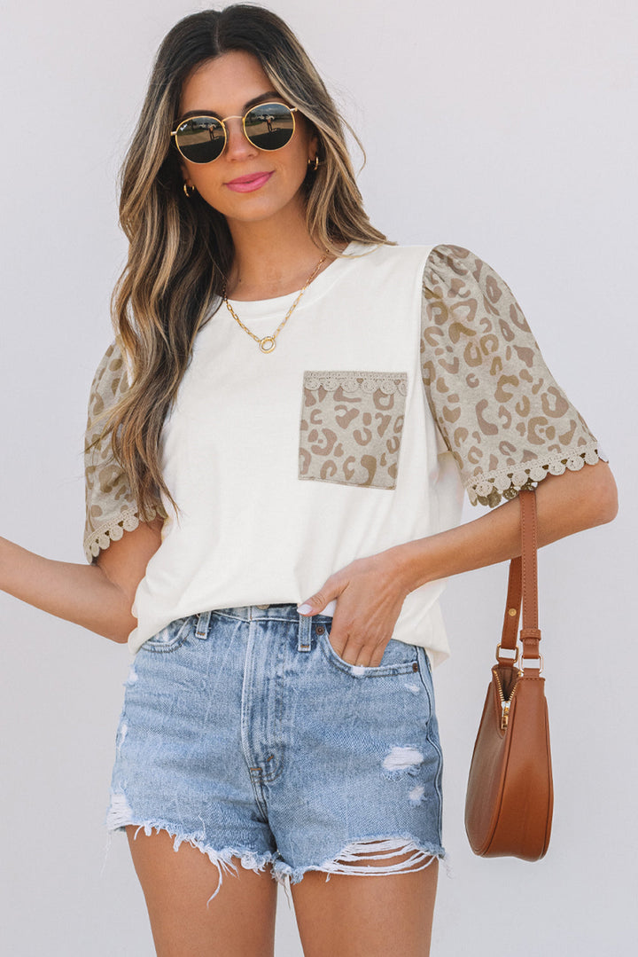 Leopard Patchwork Crochet Lace Trim Puff Sleeve T Shirt