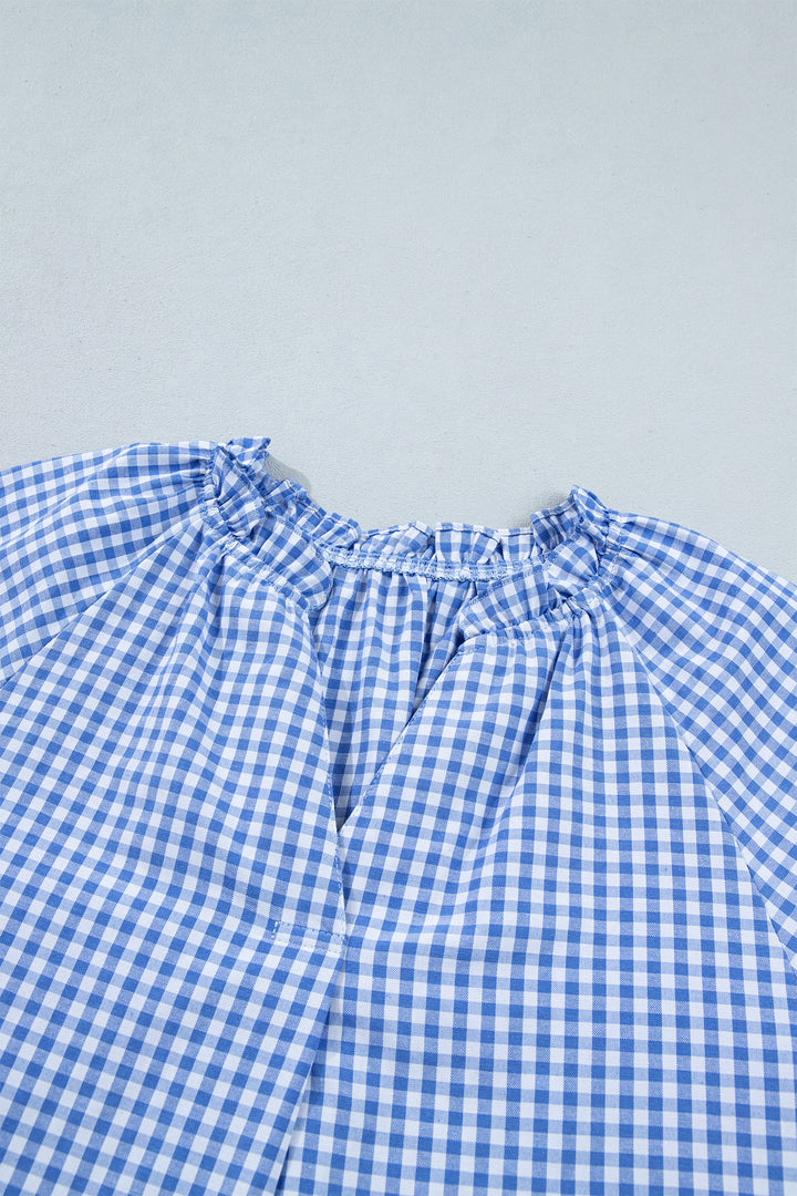 Sky Blue Summer Plaid V Neck Puff Sleeve Blouse