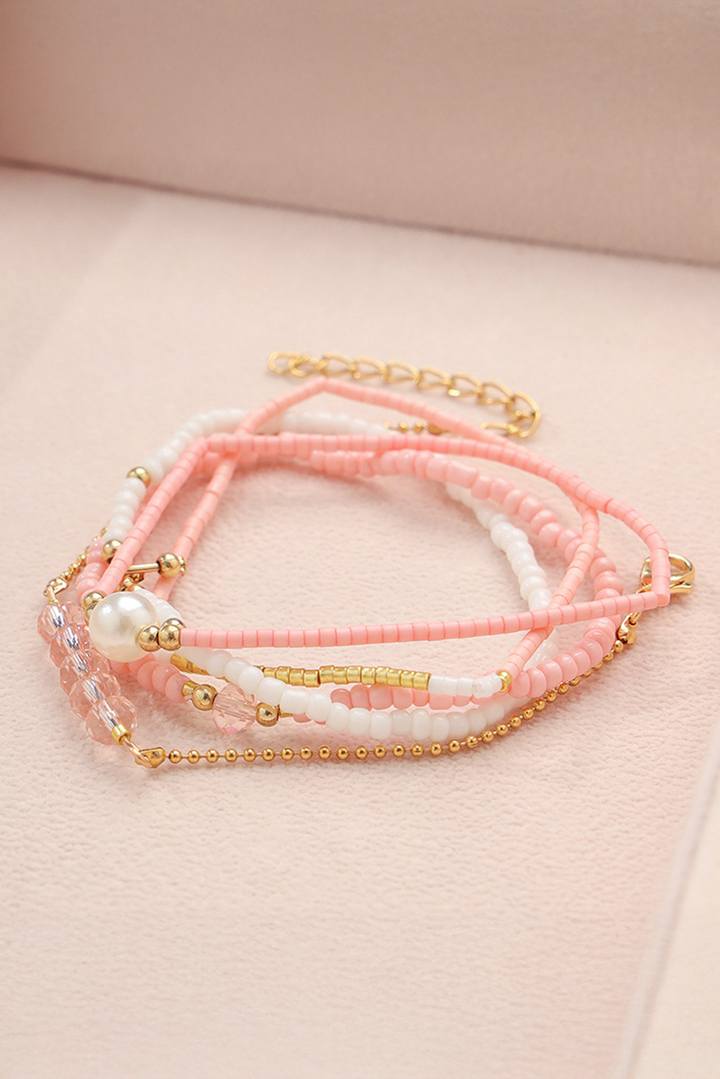 Pearl Crystal Bead Detail 5pcs Elastic Bracelet Set